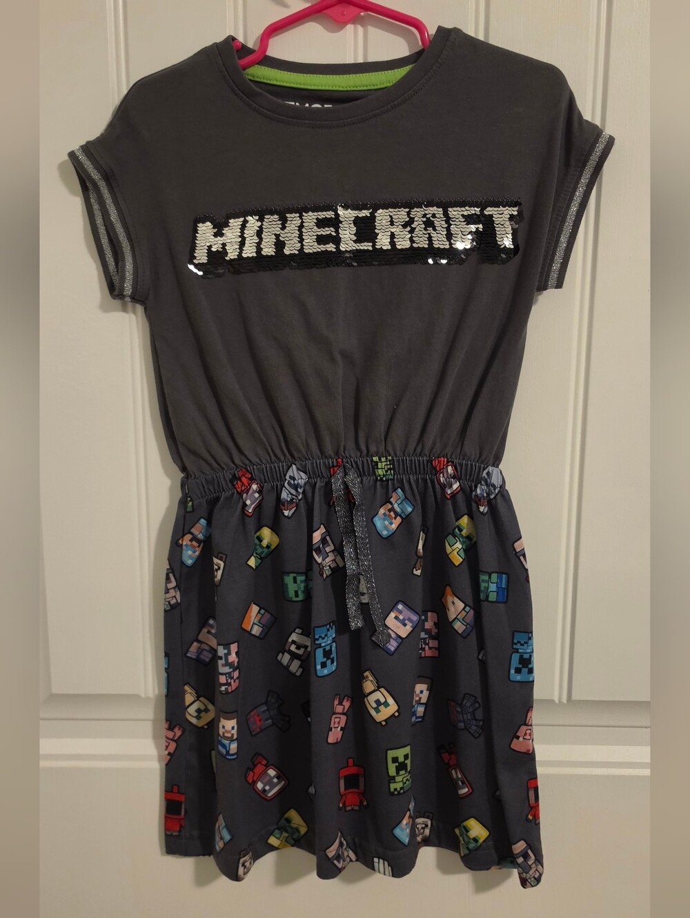Girls' Gray Minecraft Sequin Logo Casual Dress